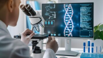 Scientist adjusts a microscope in a lab with a DNA image on the computer screen.